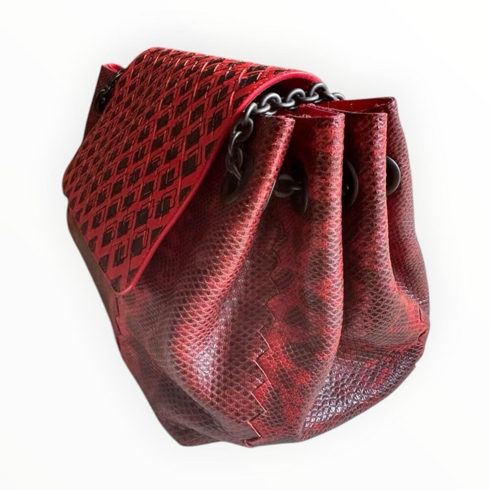 Python Leather Red Shoulder Bag With Chain Strap - Picture 6 of 12